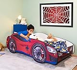 Alcube® Autobett 80x160 cm PKW Spider CAR mit Lattenrost und Matratze MDF beschichtet - mit Motivfolie beklebtes Spielbett Kinderbett 160x80 cm für kleine Spinnenmann - Rot