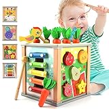 ZOOYAUE Motorikwürfel Aktivitätswürfel aus Holz 6 in 1 Montessori Spielzeug, Activity Center Baby ab 3 Jahr, Activity Spielzeug Holz Motorikspielzeug Holzspielzeug Lernspielzeug für Klein Kinder Baby