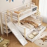 Oslghy Etagenbett Kinderbett 90x200cm & 140x200cm, Hochbett mit Treppe und Rutsche, Modernes Holzbett mit Lattenrost, Etagenbett Bett mit Stauraum Schubladen und Kleine Tafel, Weiß, ohne Matratze