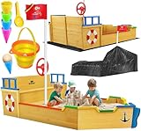 KIDIZ® Sandkasten AHOI - Piratenschiff Boot Segelschiff aus Holz Inkl. Abdeckung, Bodenplane, Sitzbank, Flaggenmast, Spielzeuge | Große Kinder Sandkiste für den Garten | Outdoor Sandbox Bunt