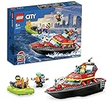 LEGO 60373 City Feuerwehrboot, Spielzeug, das im Wasser schwimmt, Geschenk zu Weihnachten für Jungen und Mädchen ab 5 Jahren, Feuerwehr-Boot-Spielzeug mit Rennboot, 3 Minifiguren und Jetpack