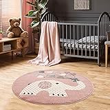 Jimri Kinderteppiche Elefant mit Herzen Ballons | Kinderteppich für Mädchen | Teppich für Kinderzimmer | geprüft von Öko-Tex (Größe: Ø 120 cm Rund)