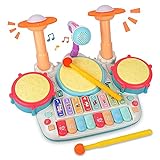 Rabing Kindertrommel Set, 5 in 1 Baby Musical Trommel & Klavier Toy Musik Schlagzeug mit Blinkenden Lichtern und Mikrofon, Kinder Musik Frühpädagogisches Spielzeug für 1-6 Jahre