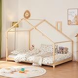 [en.casa] Kinderbett Siuntio Kleindkindbett in Haus-Optik Bodenbett Montessori Bett Hausbett Bettgestell aus Kiefernholz Abenteuerbett 140x200cm Natur