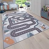 Paco Home Kinderteppich Spielteppich Teppich Kinderzimmer Junge Mädchen Tier Und Straßen Muster Creme Blau Grau, Grösse:120x160 cm