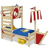 WICKEY Abenteuer-Bett Crazy Bounty Kinderbett 90x200 Spielbett für Kinder mit Lattenboden, Spielpodest und Schiffanbau, rot
