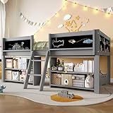 HESHU Kinderbett 90x200 cm, Halbhohes Hochbett mit Lagerregal und Tafel, für Jungen und Mädchen, mit Rausfallschutz und Lattenrost, ohne Matratze, Grau