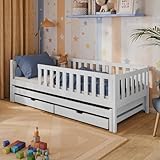 Kinderbett 90x200 mit Ausziehbett und Zwei Schubladen, Rausfallschutz und Lattenrost, Kinder Bett | weitere Größen: 80x160, 80x180, 90x190cm | 90x200cm: von 4. bis 18. Lebensjahr, Weiß