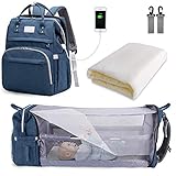 SNDMOR Wickeltasche Rucksack,Baby Wickelrucksäcke mit großer Kapazität, tragbare Reisewindeltasche mit faltbarem Kinderbett, Babybettrucksack(dunkelblau)