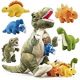Prextex Plüschtier Sammlung 38 cm Plüsch Dinosaurier T-Rex Bauchträger mit 5 niedlichen kleinen Schlüpflingen im Inneren seines Reißverschluss-Bauches, tolles Dino Spielzeug für Kinder