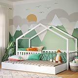 Bellabino Vils Kinderbett 90x200 cm – Hausbett ausziehbar mit Rausfallschutz & Lattenrost in Weiß – Montessori Kinder Bett aus Kiefer Massivholz – Kleinkindbett inkl. Gästebett für Jungen und Mädchen