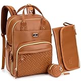 Dikaslon Wickeltasche Rucksack – Großer Wickelrucksack aus PU-Leder mit viel Stauraum, Wickeltasche groß mit Schnullerhalter, Wickelauflage & Kinderwagengurten – für Mama & Papa (Dunkelbraun)