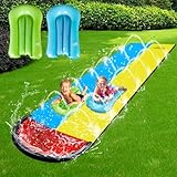 DAJASD Wasserrutsche Garten für Kinder, 6.1*1.4M Aufblasbare Wasserrutsche mit 2 Bodyboards, Doppelte Wasserrutsche mit Eingebautem Sprinkler, Wasserspielzeug für Kinder Erwachsene Outdoor - Blau+Gelb