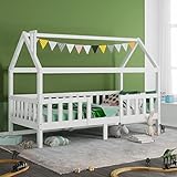 Kinderbett Hausbett mit Schornstein, Robuste Lattenroste, Kiefernholz Haus Bett für Kinder, 90 x 200 cm, weiß