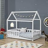 Juskys Kinderbett Marli 80 x 160 cm mit Rausfallschutz, Lattenrost und Dach - Hausbett für Kinder aus Massivholz - Bett in Weiß