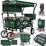 TRESKO Bollerwagen faltbar mit Dach, Kühltasche & Seitenrollos | Handwagen mit 3-Punkt Gurtsystem | Gartenwagen klappbar | Transportwagen mit Vollgummi-Reifen + Bremse + Tragetasche (Grün)