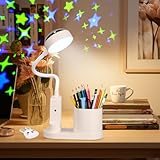 Zaxiva Schreibtischlampe Kinder, LED Dimmbar Tischlampe 3 Modus Deraufladbare Nachttischlampe, 360° Verstellbar Schwanenhals Leselampe mit Stern Projektion & Bleistifthalter für Schlafsaal Büro