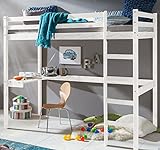 HOMELINE Kinder Hochbett mit Schreibtisch Etagenbett massiver Kiefer 90x200 cm (Weiss)