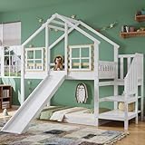 Oslghy Etagenbett Kinderbett 90x200 cm, Hochbett mit Rutsche und Fenster, Holzbett Bettgestell für Kinder mit Stauraum Regalen Leiter, Baumhausbett mit Satz Lattenrost aus Holz, Weiß, Ohne Matratze