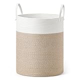 SONGMICS Wäschekorb, Wäschesammler für Kinder, Aufbewahrungskorb, Baumwollseil, mit Henkel, für Decken, Kuscheltier Aufbewahrung, Schlafzimmer, Kinderzimmer, 60 L, weiß-graubraun RLH061LZ01