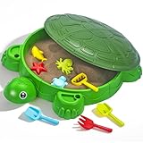 VROGTIK Schildkrötensandkasten mit Deckel, Komplettes Strandspielset für Kinder Ab 3 Jahren, Sicher Sandspielzeug mit Meerestiere-Zubehör, Wetterbeständig für Garten & Indoor-Spiel