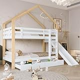 Rtopsu Kinderbett Etagenbett 90x200 cm mit Rutsche und 2 Stauraum Schubladen, Bett mit Leiter für 2 Kinder, Hochbett mit Dach, Baumhaus Bett mit Lattenrost aus Holz, Weiß, Ohne Matratze