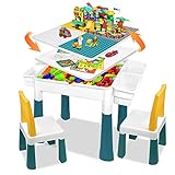 UISEBRT Kindertisch mit 2 Stühle Spieltisch mit 163 Stück Bausteine Multifunktionaler Aktivitätstisch Set für Kinder Baustein Tisch Stuhl Set Basteltisch für Kinderzimmer und Kindergarten