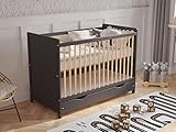 Love For Sleep Babybett Beistellbett 120x60cm mit Schaumstoffmatratze mit gestepptem Bezug Anthrazit-Kiefer Tokyo Kinderbett Baby Bett Holz - Kinderbett Babybett, Mitwachsend Gitterbett Baby Bed