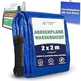 CoverUp! 2x2m Abdeckplane Wasserdicht - Farbe: Blau, 120g/m², Gewebeplane mit ösen, Verstärkte Gummiecken - Plane Wasserdicht UV-Schutz für Gartenmöbel, Bauplane, zeltplane inkl 10m Seil, 2x2