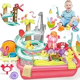 VATOS Spielspüle mit fließendem Wasser, 2-in-1 elektrisches und manuelles Wasserhahn-Küchenspülenspielzeug, Entenrutsche-Wassertisch-Sommerspielzeug, Kinder Geschirrspüler-Set für Jungen und Mädchen