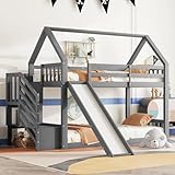 ZYLOYAL10 Etagenbett mit Stauraumtreppe und Rutsche, Hausbett, Kinderbett mit Geländer, geeignet für Kinder, Jugendliche, 90x200cm,Grau