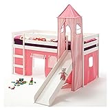 IDIMEX Rutschbett Hochbett Spielbett Bett Benny Kiefer massiv Weiss mit Turm+Vorhang pink 90 x 200 cm (B x L) mit Rutsche