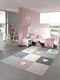 Teppich-Traum Kinderzimmer Teppich Spiel & Baby Teppich Herz Stern Punkte Design in Rosa Weiß Grau Größe 160x230 cm