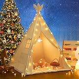 LIONHERZ® DAS ORIGINAL Tipi Zelt für Kinder aus 100% Baumwolle mit Federdeko, Kuschelmatte, Tragetasche [Stabil] Tippi Kinderzelt Teepee Spielzelt (Cremeweiß)