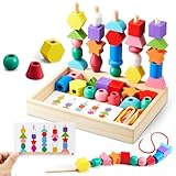 Montessori Spielzeug ab 3 4 5 Jahre Motorikspielzeug Fädelspiel Bausteine Sortierspiel für Kinder, Holz StapelspielFeinmotorik Lernspiele Geschenk für Baby Junge Mädchen （Mit Aufbewahrungsbox）