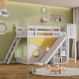 Ymkua Etagenbett Kinderbett 90x200 cm, Hochbett mit Stauraum, Holzbett mit Leiter, Rutsche, Hausbett mit Bettvorhang und Rausfallschutz, Baumhausbett mit Lattenrost und Lagerregal, Weiß, Ohne Matratze