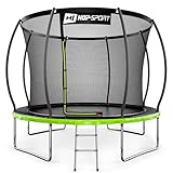 Hop-Sport Trampolin Outdoor - Ø 244/305/366/427/488 cm - Trampolin mit innenliegenden Sicherheitsnetz, gebogenen Netzstangen und Sicherheitszertifikaten - Komplettset mit Leiter Randabdeckung (305 cm)
