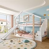 Merax Etagenbett Kinderbett 90x200cm, Hochbett Hausbett mit Rutsche & Stauraumtreppe & Rausfallschutz & Lattenrost, Platzsparendes Stockbett Baumhausbett mit Dach & Fenster, ohne Matratze, Weiß&Natur