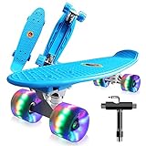 Saramond Skateboards Komplette 55cm Mini Cruiser Retro Skateboard für Kinder Teens Erwachsene Anfänger, Bunte LED-Räder mit All-in-One Skate T-Tool für Schule und Reisen (hellblau)