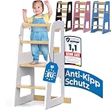 Schwanfeld® Lernturm ab 1 Jahr [ANTI KIPP SCHUTZ] - inkl. Montagezubehör - Montessori Lernturm aus zertifiziertem Massivholz (bis zu 50kg belastbar) - Learning Tower 3 Level (höhenverstellbar)