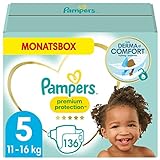 Pampers Baby Windeln Größe 5 (11-16kg) Premium Protection, Junior, 136 Stück, MONATSBOX, bester Komfort und Schutz für empfindliche Haut