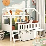 KecDuey Kinderbett, 200x90 Hausbett Mit Schubladen und Ablagefächern，mit Anti-Drop-Geländer Geeignet für Jungen und Mädchen, Weiß