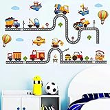 WandSticker4U®- Wandsticker AUTOS und STRASSE groß (240x110 cm) I Wandtattoo Kinderzimmer Junge Fahrzeuge Baustelle Flugzeug Bagger Feuerwehr Tiere I Wandaufkleber Kinderzimmer Deko Junge