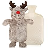 Wärmflasche Kinder, Weihnachtsrentier Plüsch 1L Wärmflasche mit Bezug, Tier Thermophor mit Auslaufsicherem Gummi, Bettflasche für Kinder und Erwachsene Winterliche Wärme Wärmflaschen für Geschenk