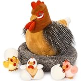 MorisMos 37cm hoch riesen Hahn Kuscheltier XXL, groß Hahn Stofftier XXL mit 3 Küken Baby im Ei, chickenteddy Plüsch-Chicken küken im Korb,Geschenk Kinder