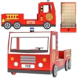 CASARIA® Kinderbett 90x200cm mit Rausfallschutz Lattenrost 100KG belastbar 3D Leuchte Sirene Lenkrad Feuerwehr Bett Jugendbett Juniorbett Autobett Rot