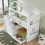 Aoskem Kinderbett Etagenbett 90x200 für 2 Kinder, Hausbett Hochbett mit Stauraum Treppe, Schubladen & Regalen, Holzbett Bettgestell mit Rausfallschutz und Lattenrost, Kiefer Rahmen, Ohne Matratze Weiß