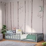 Bellabino Vere Bodenbett 90x200 cm – Montessori Kinderbett mit Rausfallschutz & Lattenrost – Massives Kinder Bett für Jungen & Mädchen aus Holz Kiefer – Kleinkindbett in Hellgrau
