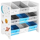 SONGMICS Kinderzimmerregal, Spielzeug-Organizer, Bücherregal für Kinder, mit 9 Aufbewahrungsboxen aus Fleece, Kinderzimmer, Schule, Kindergarten, 62,5 x 29,5 x 60 cm, Weltall-Motive, weiß GKR33WT