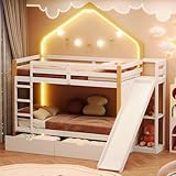 Aoskem Kinderbett Etagenbett 90x200 cm, Hochbett Hausbett mit LED- Leiste, Leiter & Rutsche, Stauraum 2 Schubladen, Holzbett Bettgestell mit Rausfallschutz und Lattenrost, Ohne Matratze, Weiß+Natur